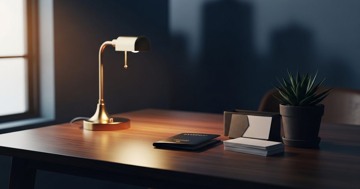 Clean wooden desk with brass lamp leather wallet and succulent in soft natural window light