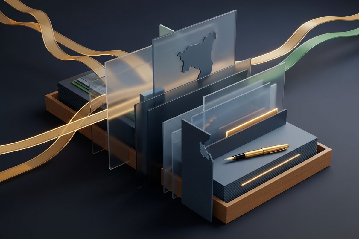Organized office documents and a small brass desk lamp on a polished wooden desk in afternoon light