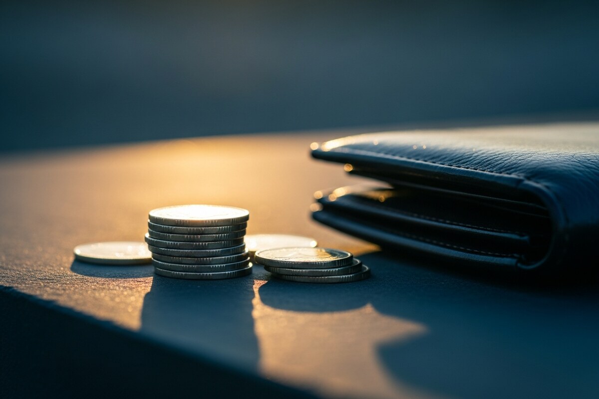 Small brass coins and a closed leather wallet on a dark stone surface in directional light