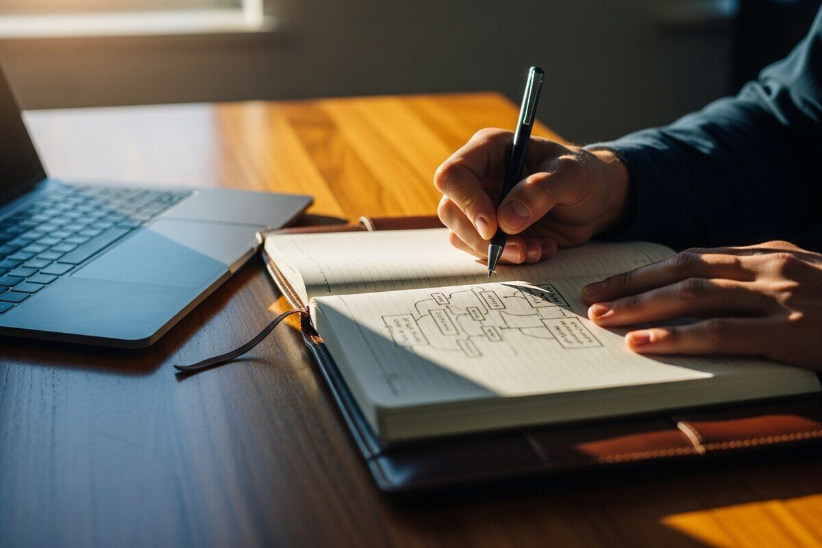 Close-up of hands reviewing cross-border pension transfer documents inside a professional portfolio