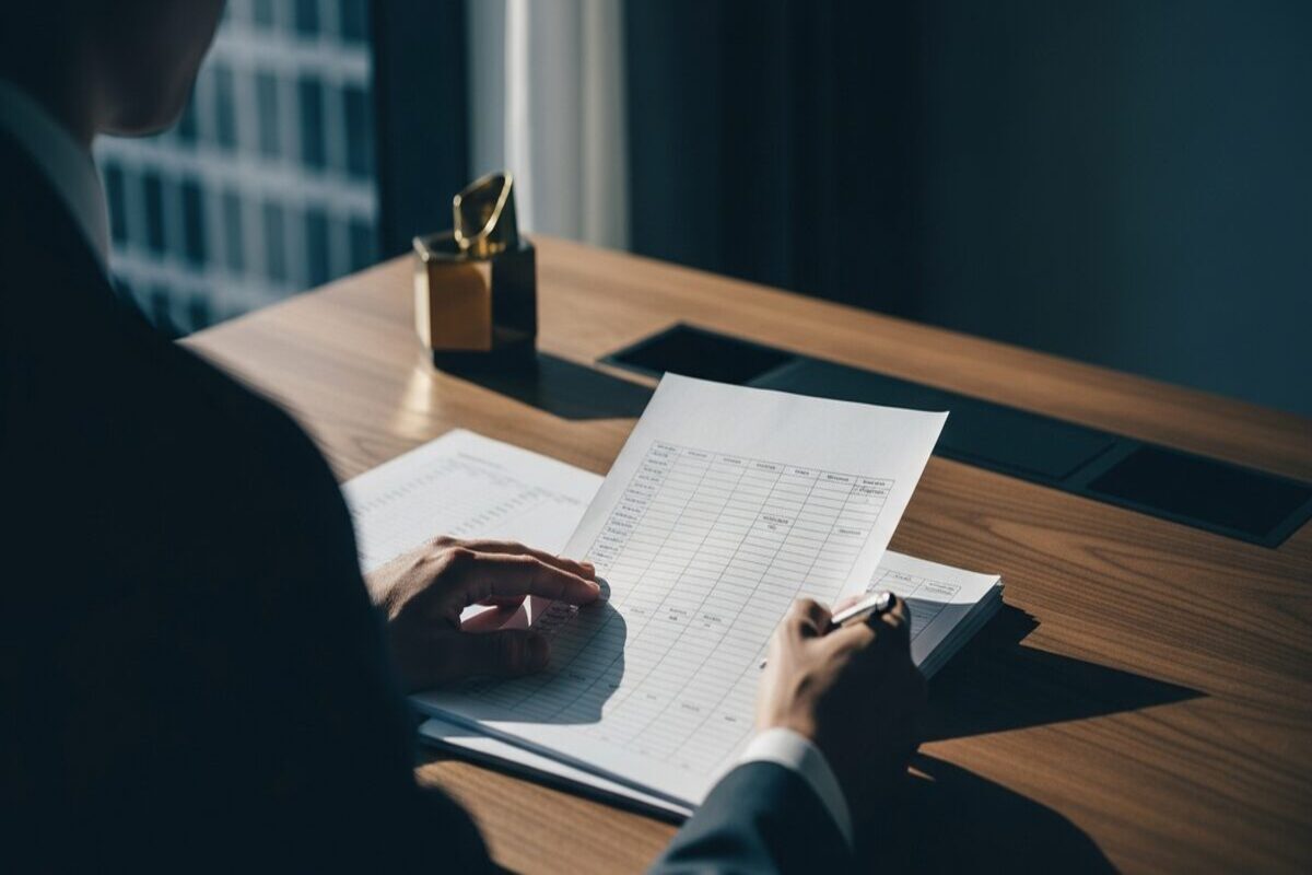 Financial professional reviewing printed spreadsheets at a walnut desk with soft natural window light