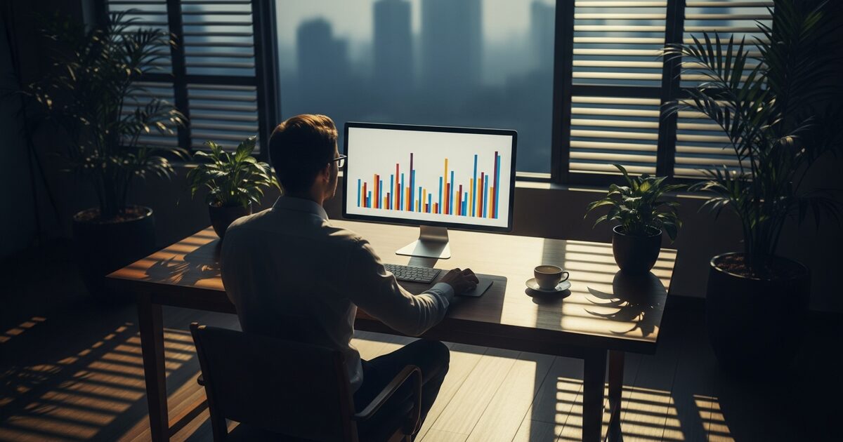 Expat investor reviewing dividend portfolio at sunlit desk with tropical plants in background