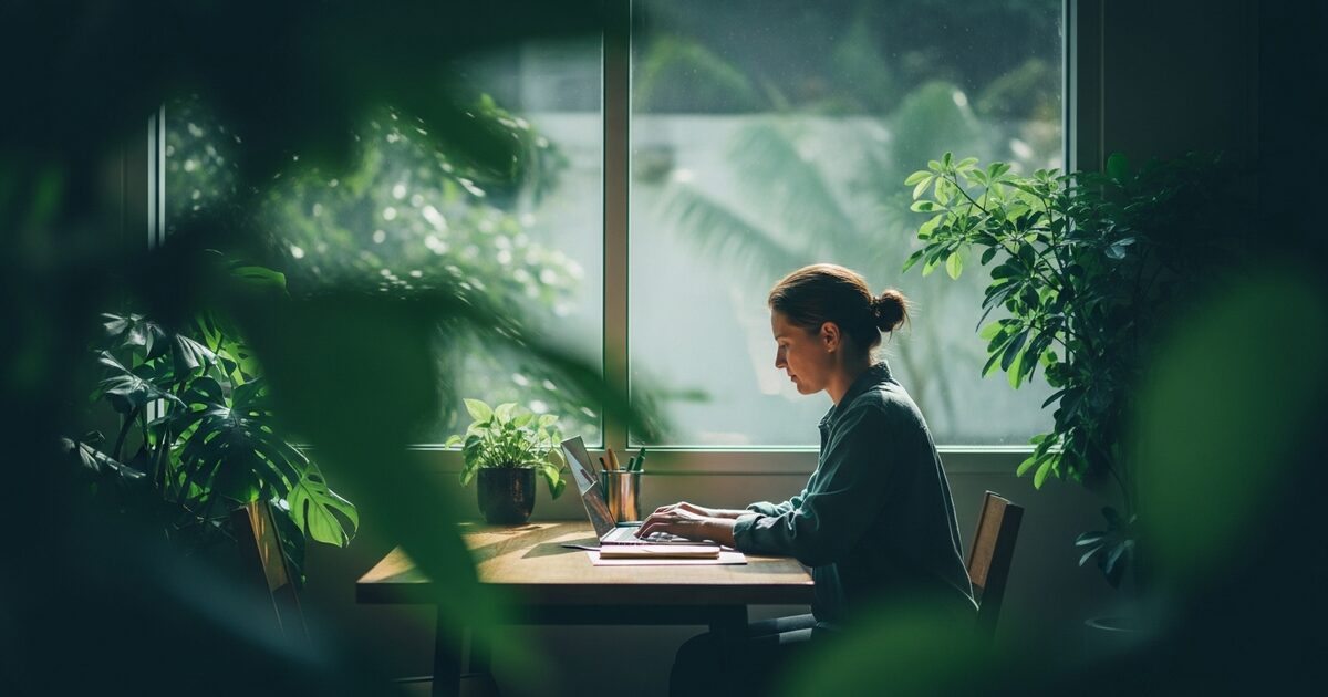 expat building Telegram AI agent service at a sunlit tropical co-working space