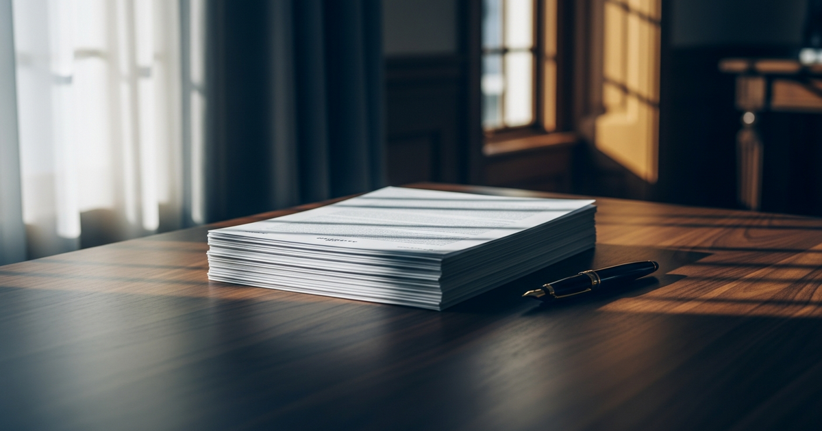 Minimalist walnut desk with official documents and fountain pen in soft morning light