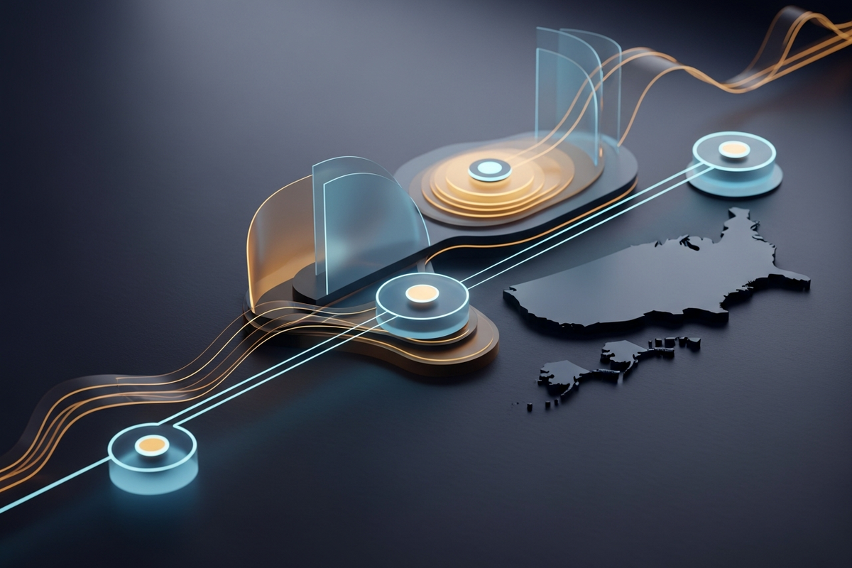 Abstract glowing network nodes on dark slate surface representing asset valuation flows