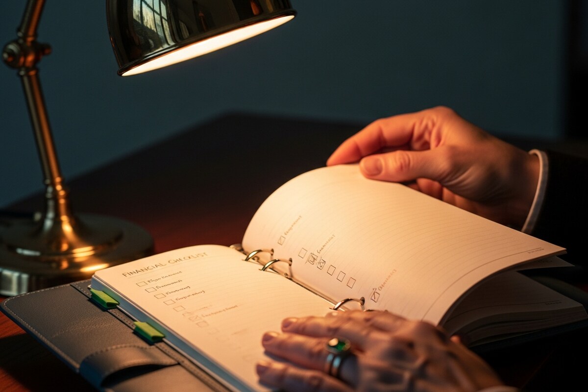 Hands turning pages of leather planner with handwritten financial checklist in warm light