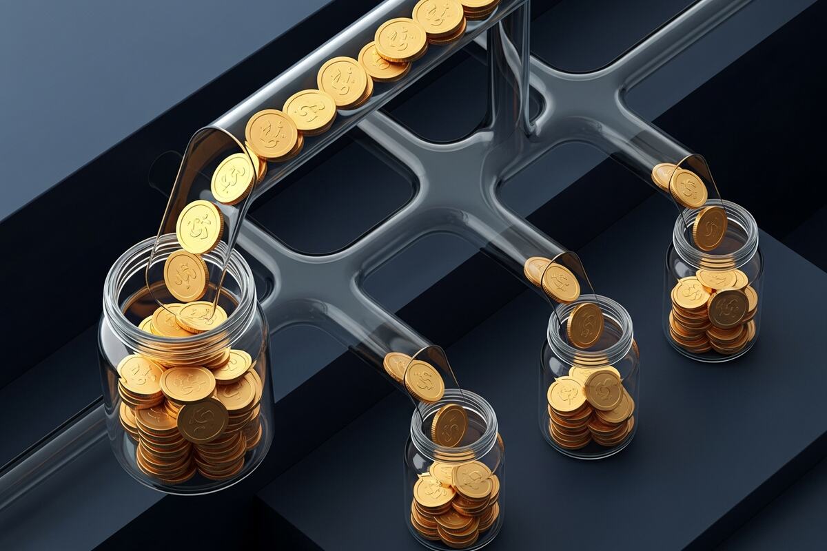 Gold coins branching through glass channels into separate jars representing dividend income flow
