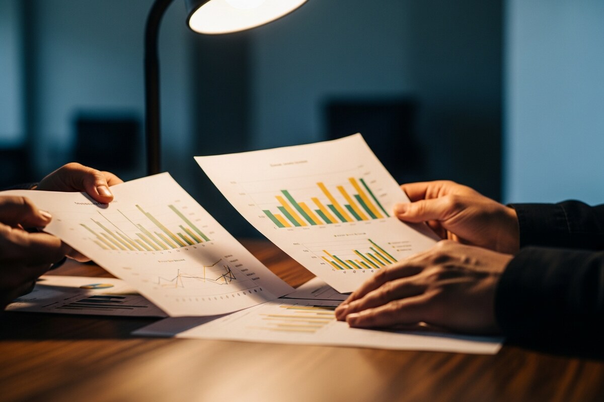 Hands reviewing printed investment bar charts under warm desk lamp light
