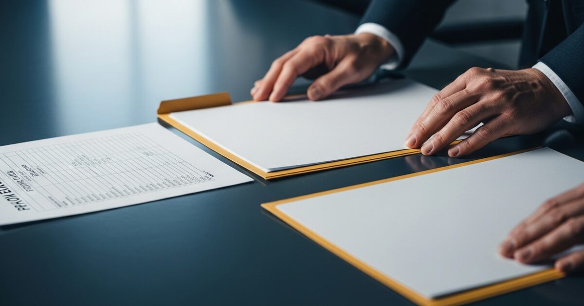 Close-up of organized financial folders and a pen on a clean wooden surface