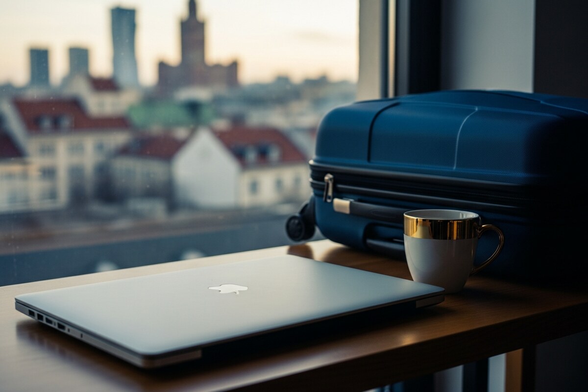 Expat working on laptop in a modern Warsaw cafe with city skyline visible through window