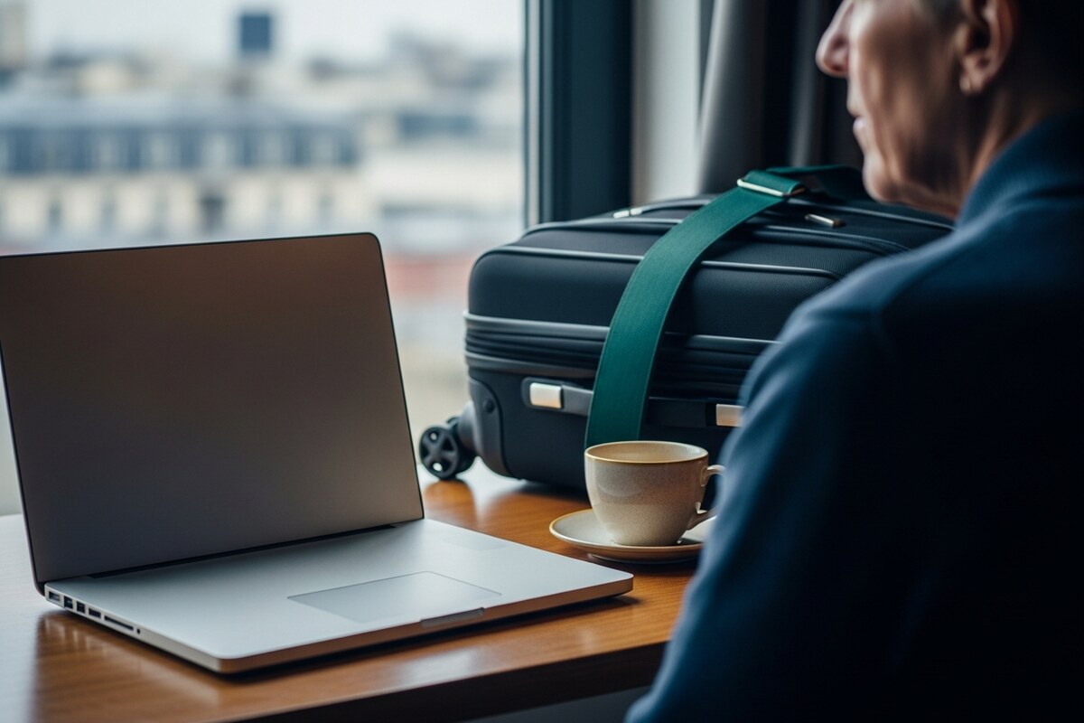 US expat reviewing rental income spreadsheet and tax forms at laptop in home office abroad