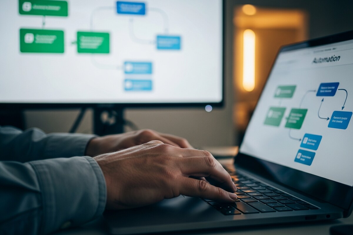 close-up of developer hands setting up AI automation workflow on laptop and monitor