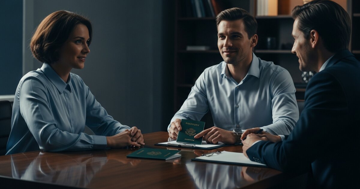 Couple meeting with a tax advisor with two different passports on the desk illustrating a cross-border marriage tax decision