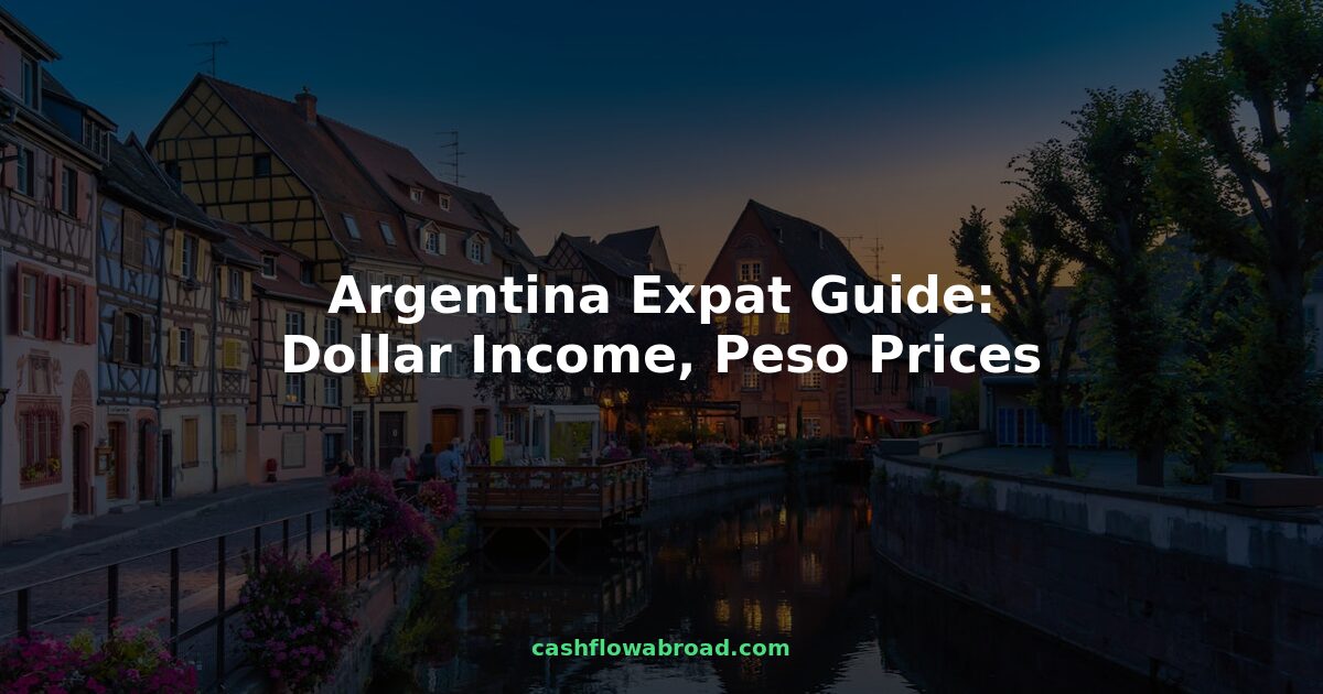 Buenos Aires skyline with text overlay: Argentina Expat Guide Dollar Income Peso Prices