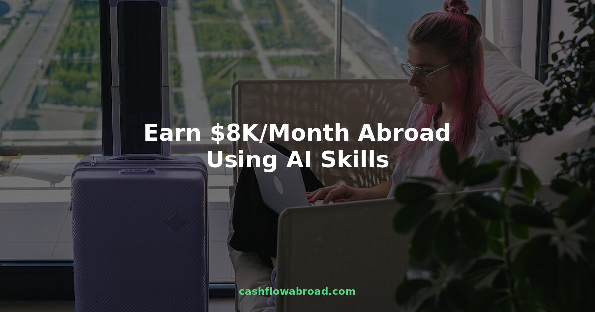 Digital nomad working on laptop in scenic location abroad, earning AI freelance income