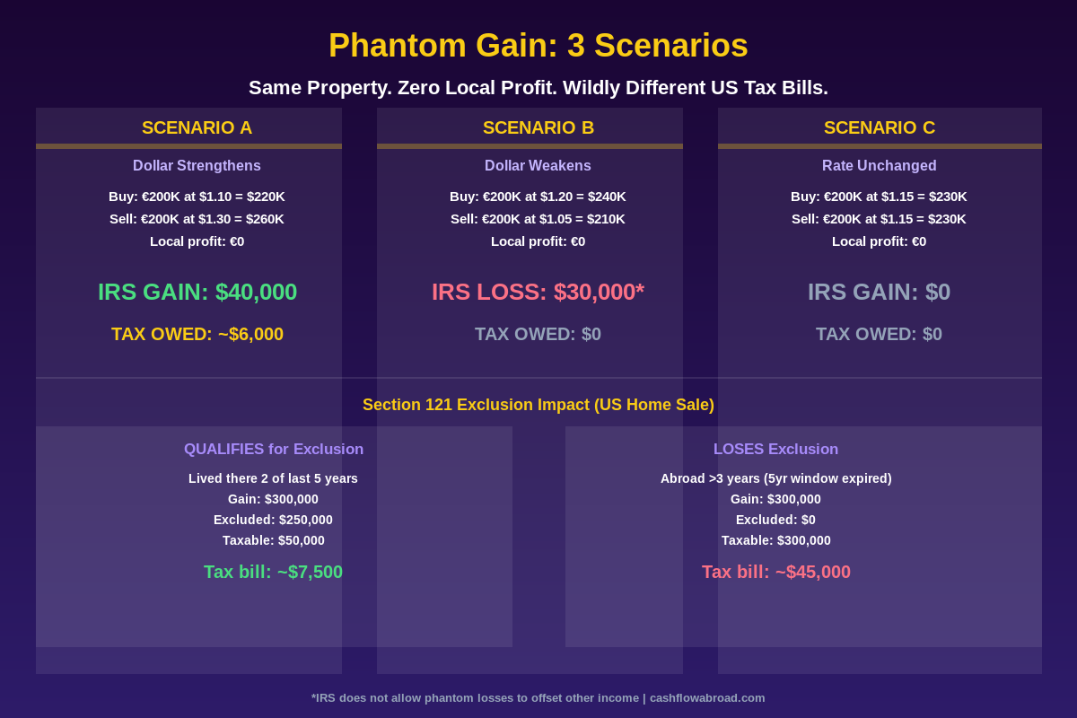 Phantom gains infographic showing 3 currency scenarios and Section 121 exclusion comparison