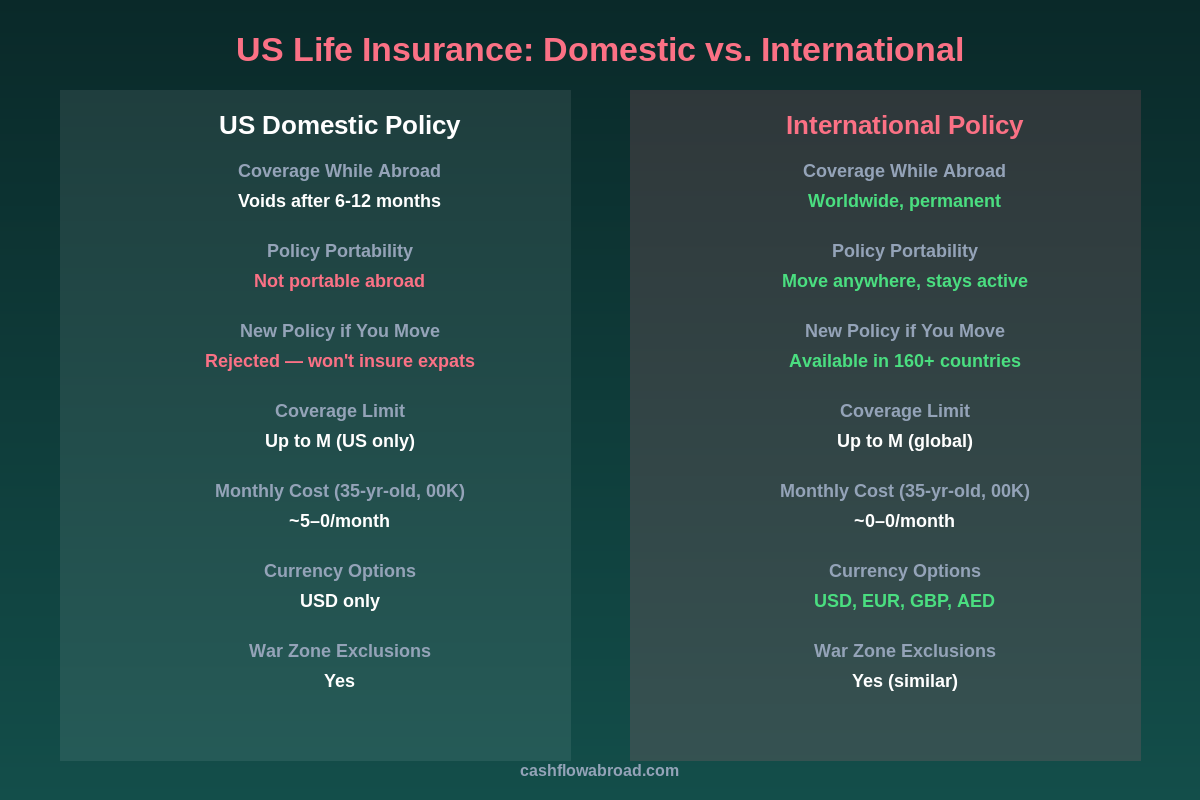 US domestic vs international life insurance comparison chart for expats
