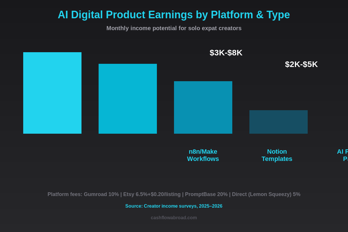 AI digital products monthly earnings comparison chart by product type and platform