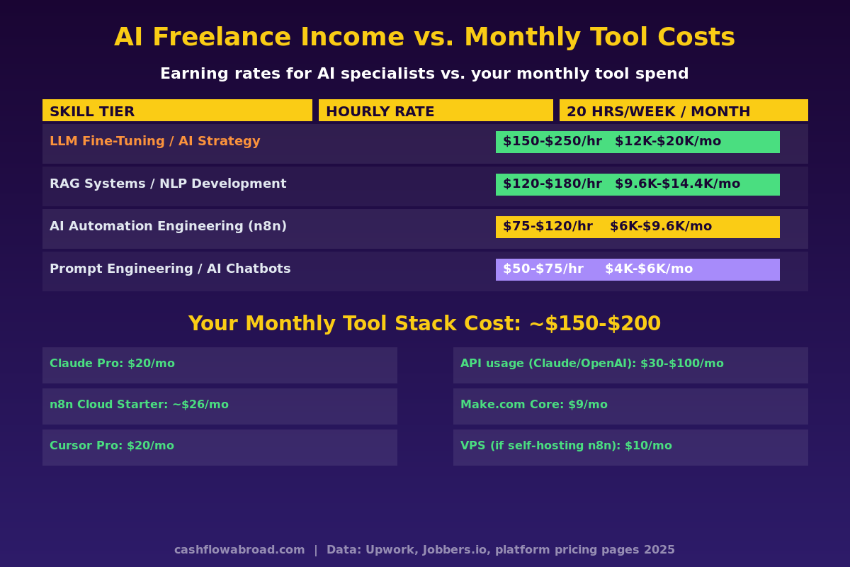 AI freelance income tiers vs monthly tool costs infographic for expats