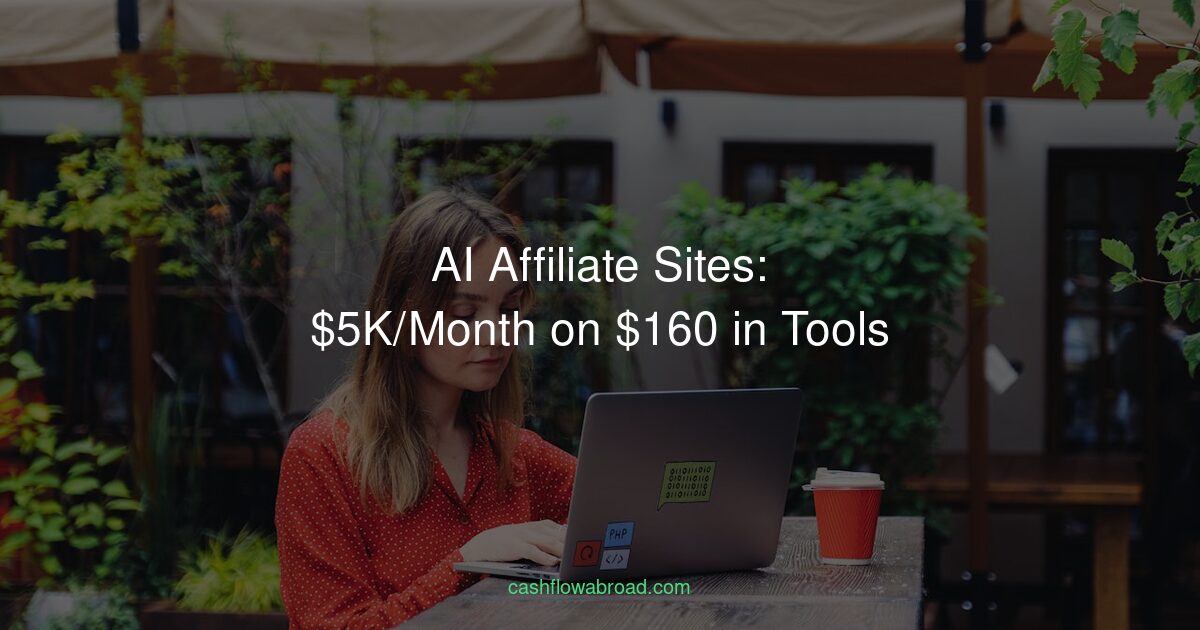 Digital nomad working on laptop in outdoor cafe - AI affiliate marketing from abroad