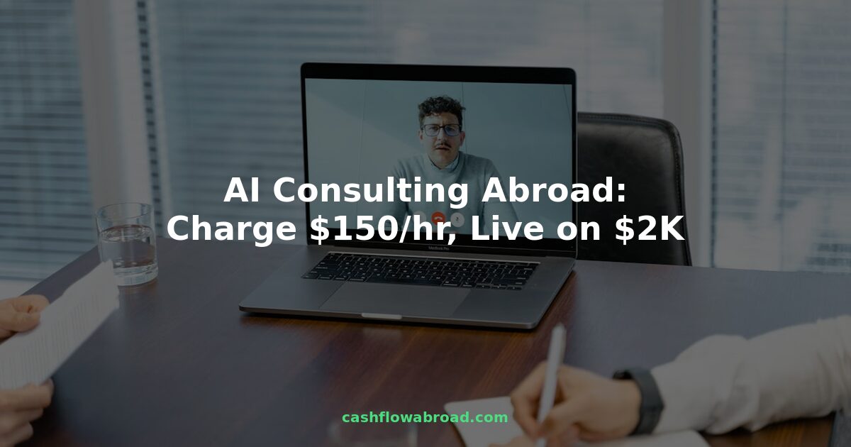 AI consultant working remotely on a laptop with business consulting overlay