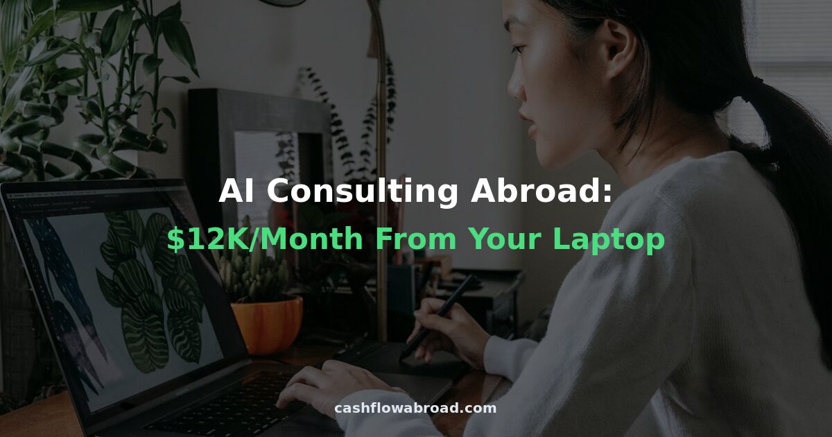 AI consultant working on laptop abroad earning 2K/month through geographic arbitrage