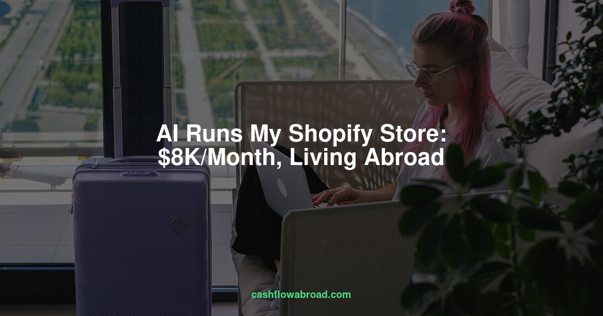 Digital nomad woman running an AI-powered Shopify store from a hotel room abroad