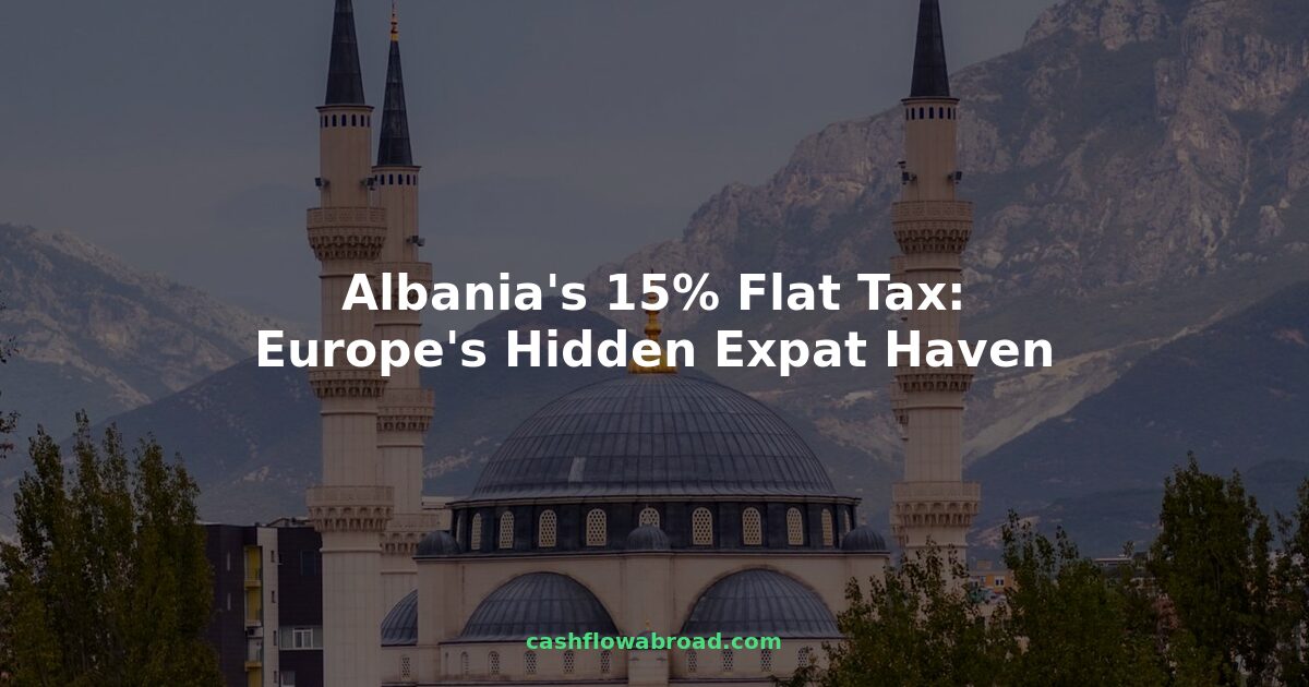 Tirana Albania skyline with text overlay: Albania's 15% flat tax Europe's hidden expat haven