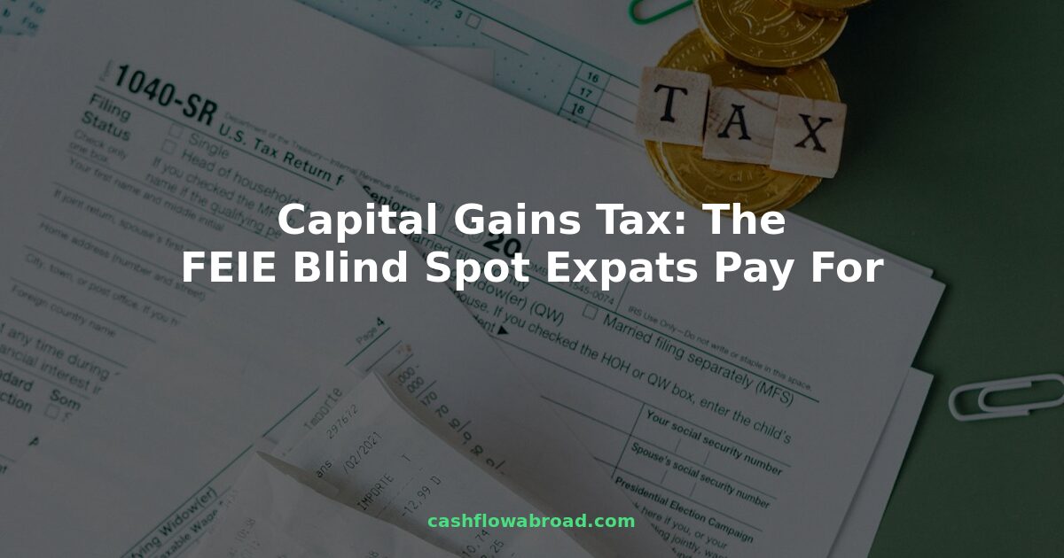 Tax documents and calculator representing capital gains tax planning for US expats abroad