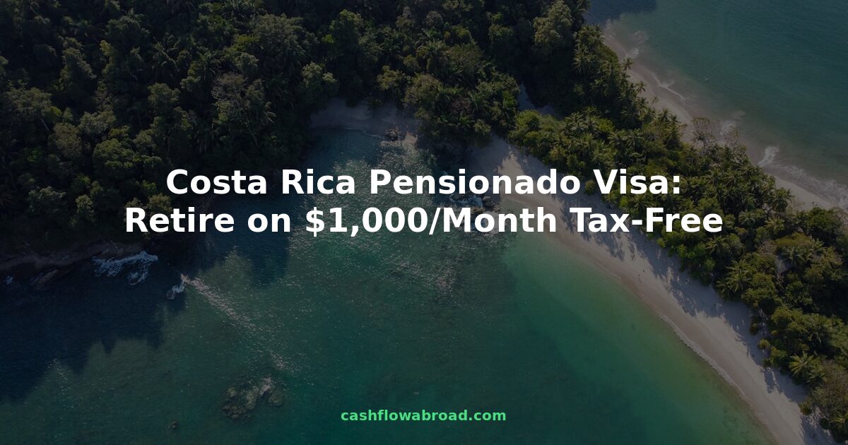 Aerial view of Manuel Antonio Beach in Costa Rica with text overlay for pensionado visa retirement guide