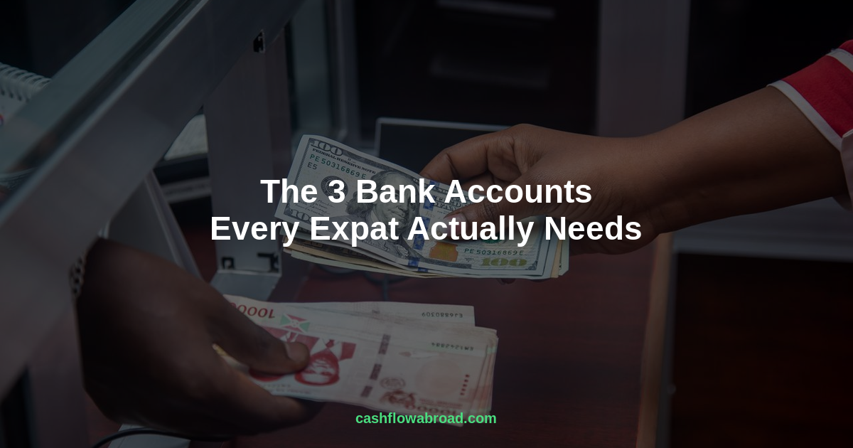 Expat banking guide showing person exchanging money abroad with text overlay