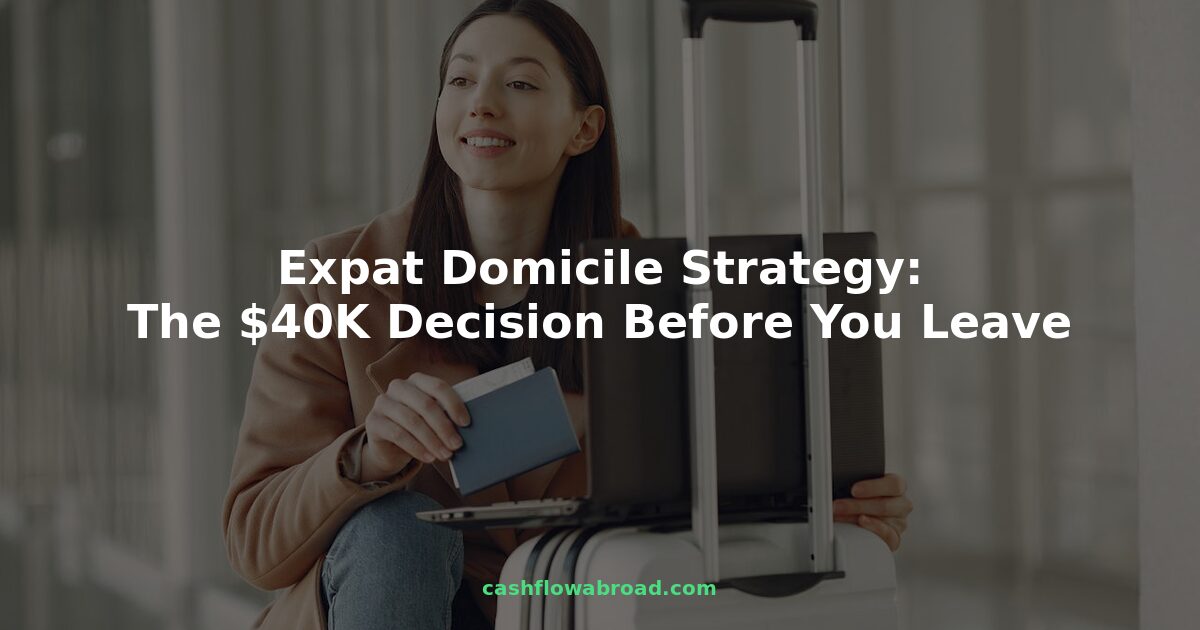 Expat sitting with luggage at airport planning US state domicile strategy before moving abroad