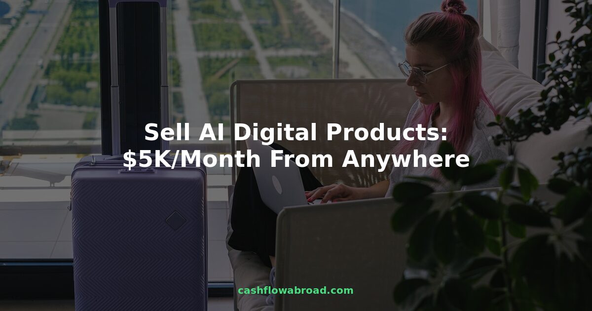 Digital nomad working on laptop in scenic hotel room, selling AI digital products from abroad