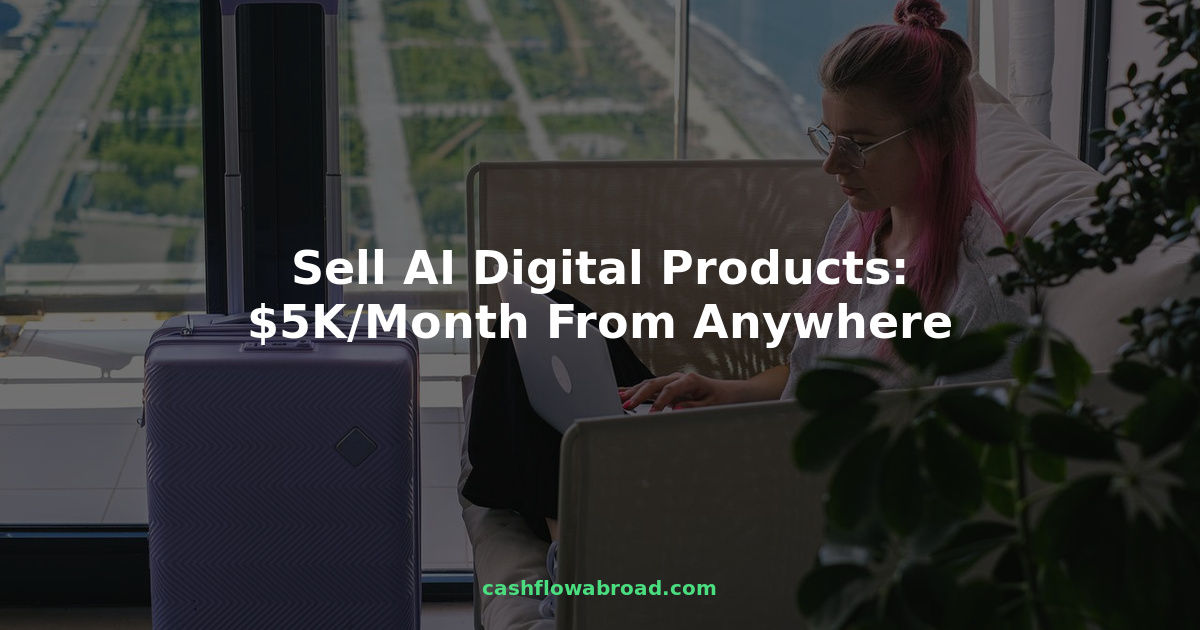 Digital nomad working on laptop in scenic hotel room, selling AI digital products from abroad