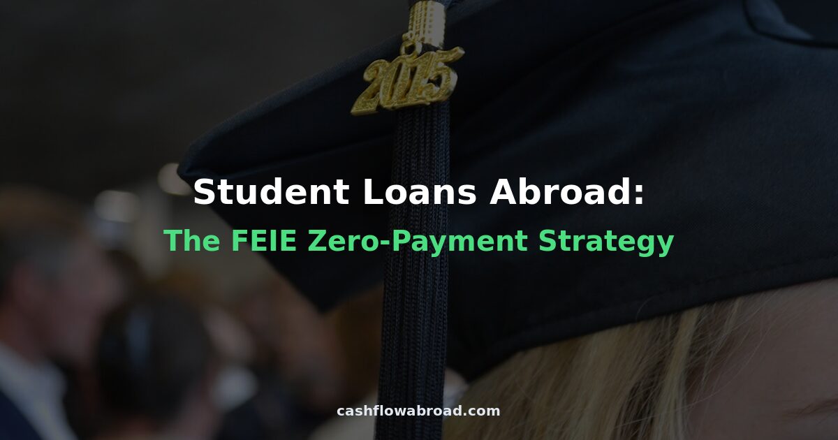 Graduation cap on a desk symbolizing student loan debt and the FEIE zero-payment strategy for US expats abroad