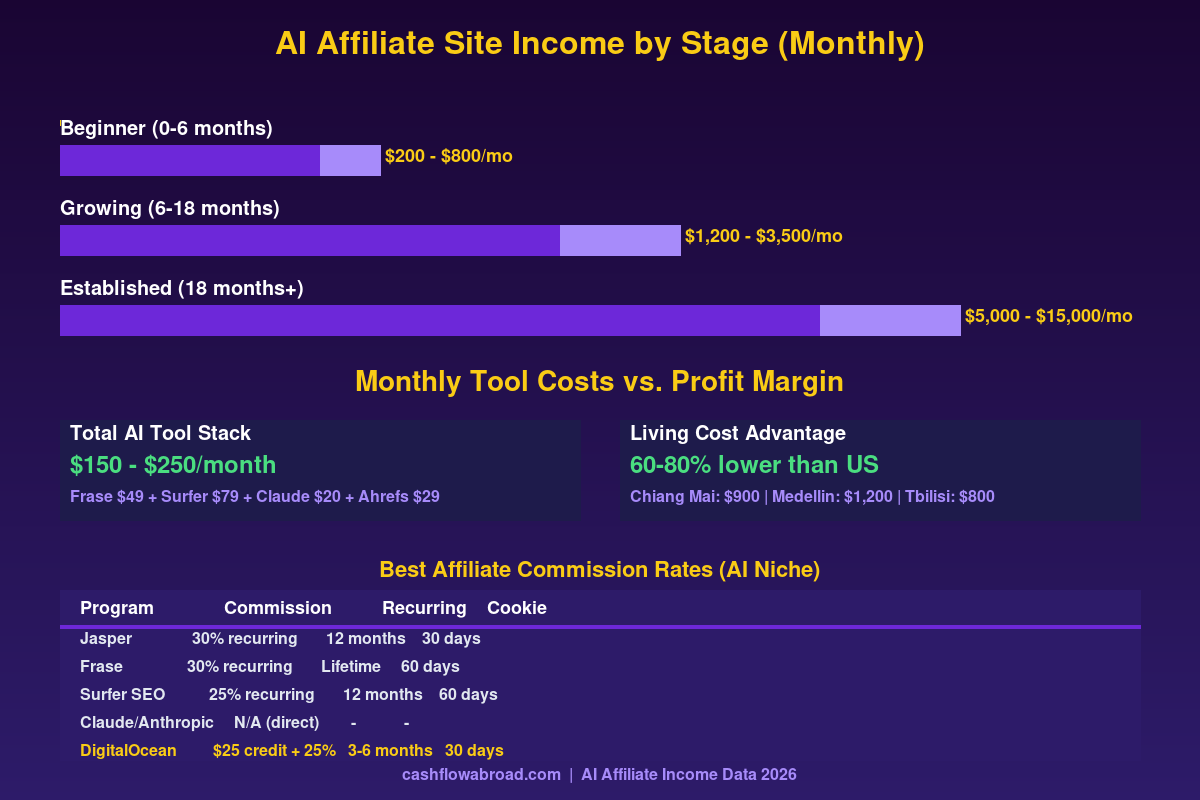 AI affiliate marketing income by experience level and tool cost breakdown infographic 2026