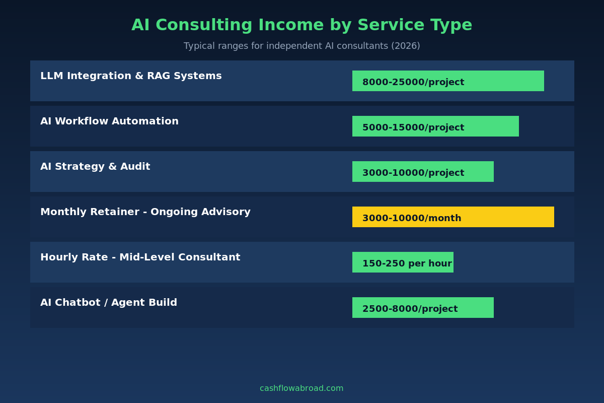AI consulting income ranges by service type - infographic showing project fees and monthly retainer rates for independent AI consultants