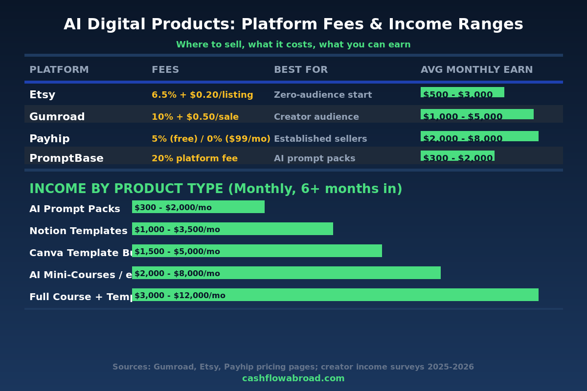 AI digital products platform comparison chart showing fees and income ranges for Etsy, Gumroad, Payhip, and PromptBase