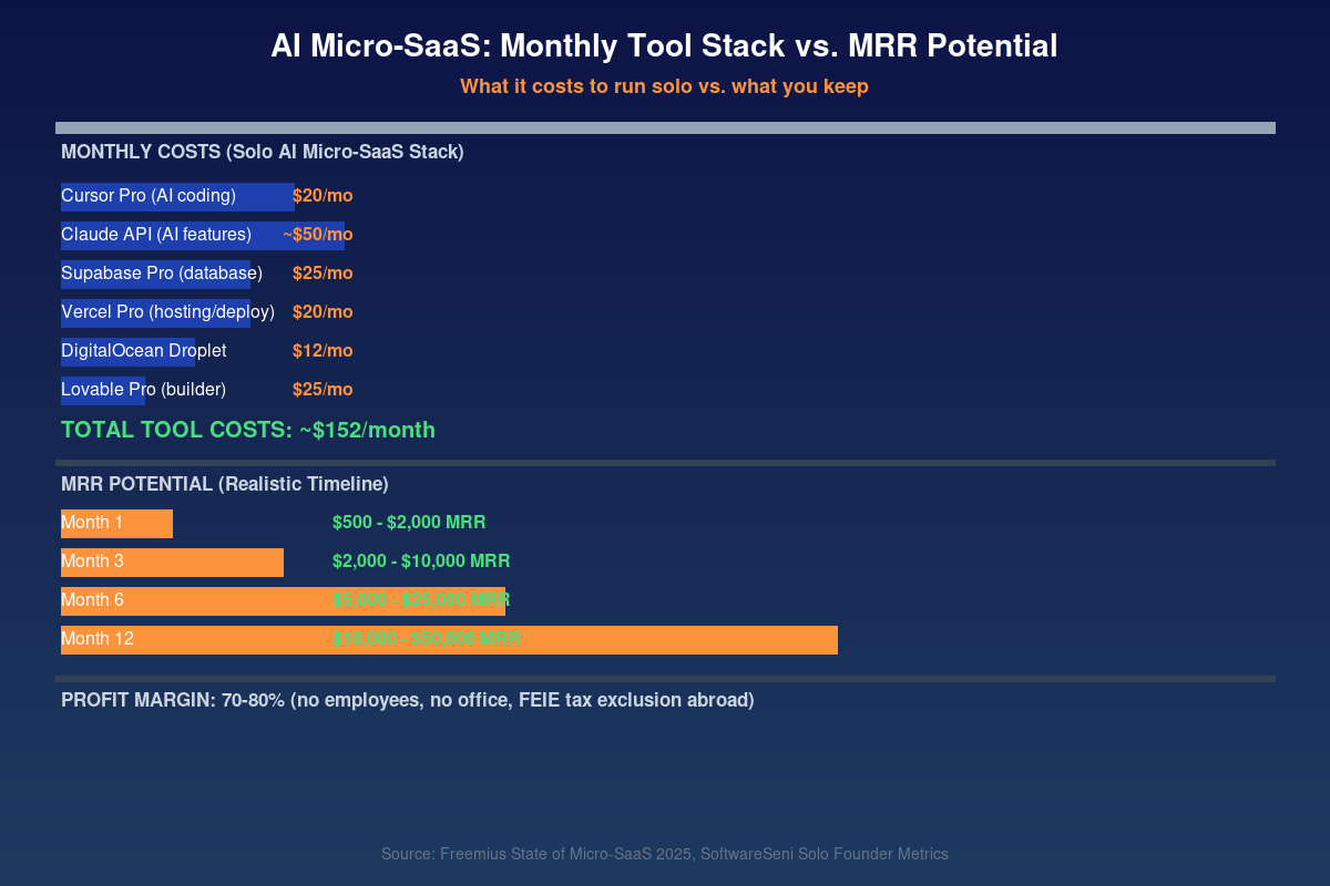 AI micro-SaaS monthly tool stack costs versus MRR potential timeline chart for solo founders