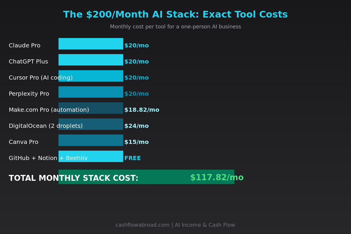 AI tool stack monthly cost breakdown showing Claude, Cursor, Make.com, DigitalOcean and other tools totaling under $200 per month