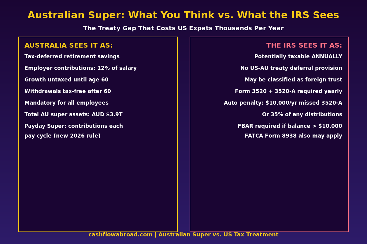 Infographic comparing how Australia vs the IRS treats Australian superannuation for US expats