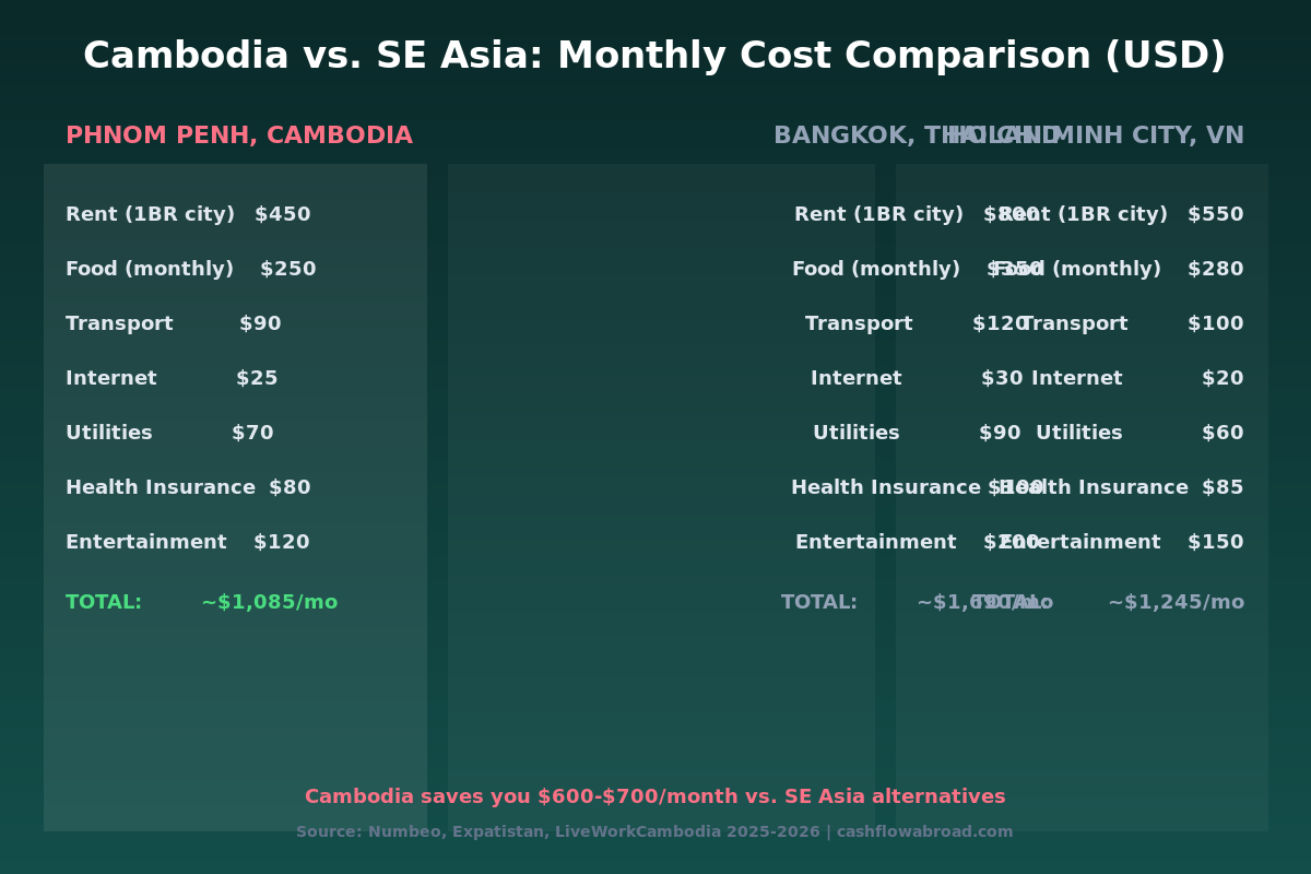 Cambodia vs Bangkok vs Ho Chi Minh City monthly cost comparison chart for expats