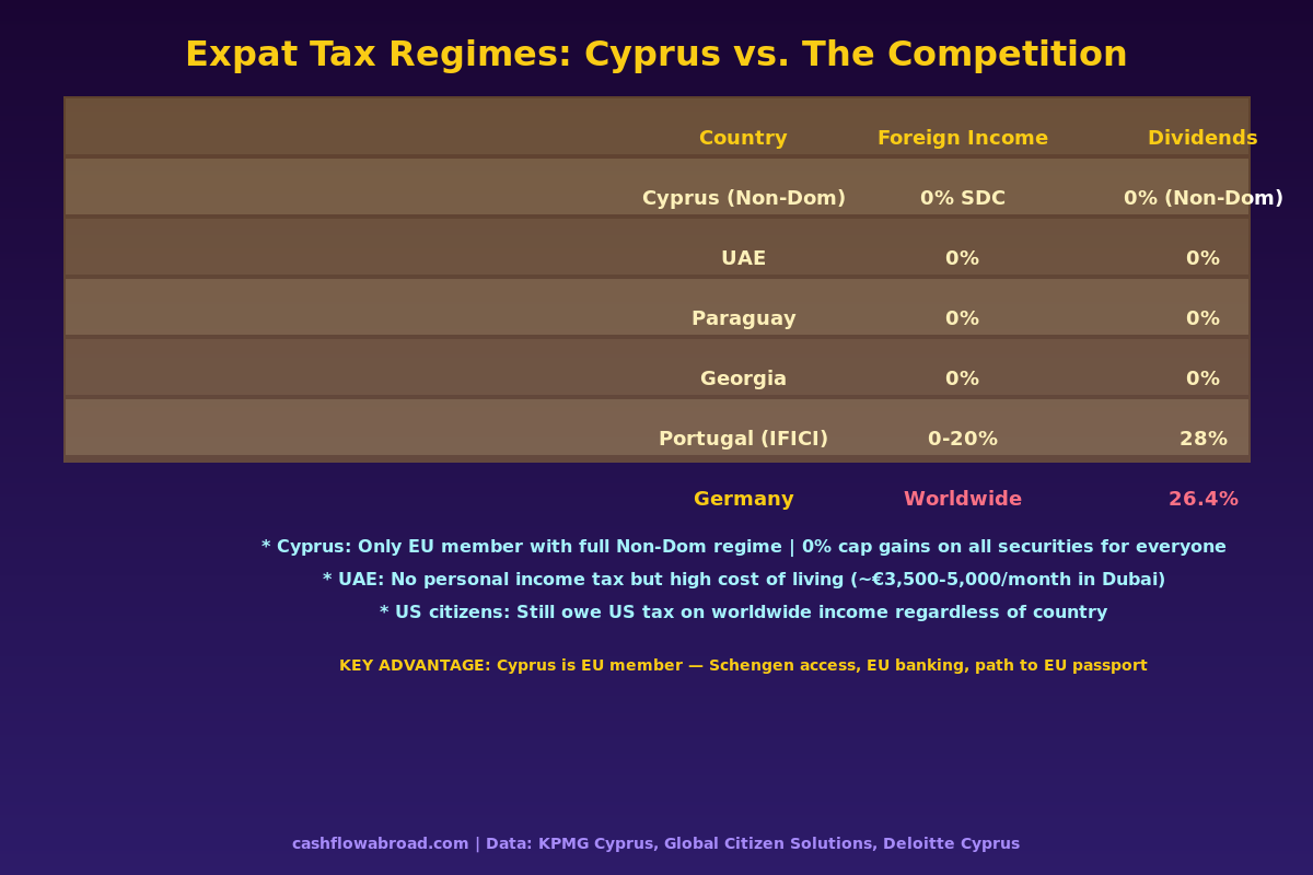 Tax regime comparison chart showing Cyprus Non-Dom vs UAE, Paraguay, Georgia and Portugal rates