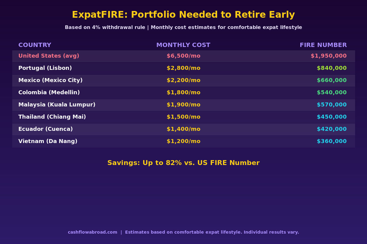 ExpatFIRE comparison table showing portfolio needed to retire early by country