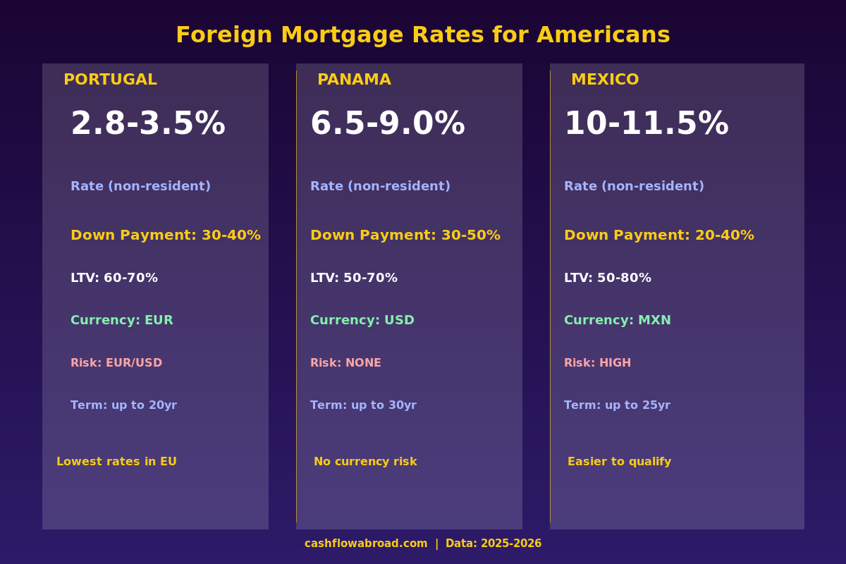 Infographic comparing foreign mortgage rates for Americans in Portugal, Panama, and Mexico