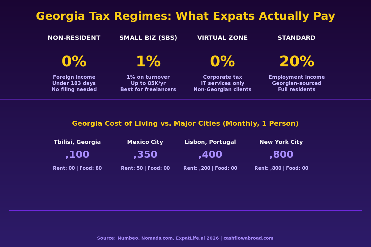 Georgia tax regimes comparison chart: Non-Resident 0%, Small Business Status 1%, Virtual Zone 0% corporate tax, Standard 20%
