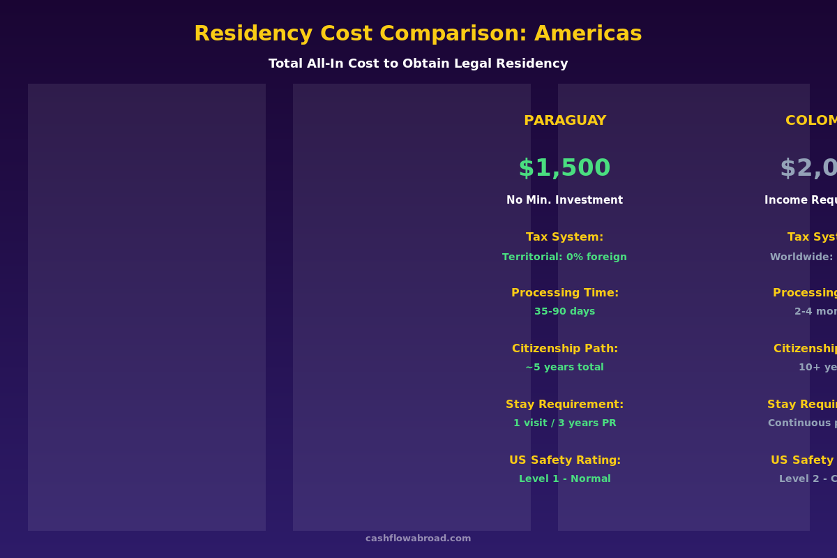 Cost comparison infographic showing Paraguay residency at $1,500 vs Colombia at $2,000 vs Panama at $203,000+