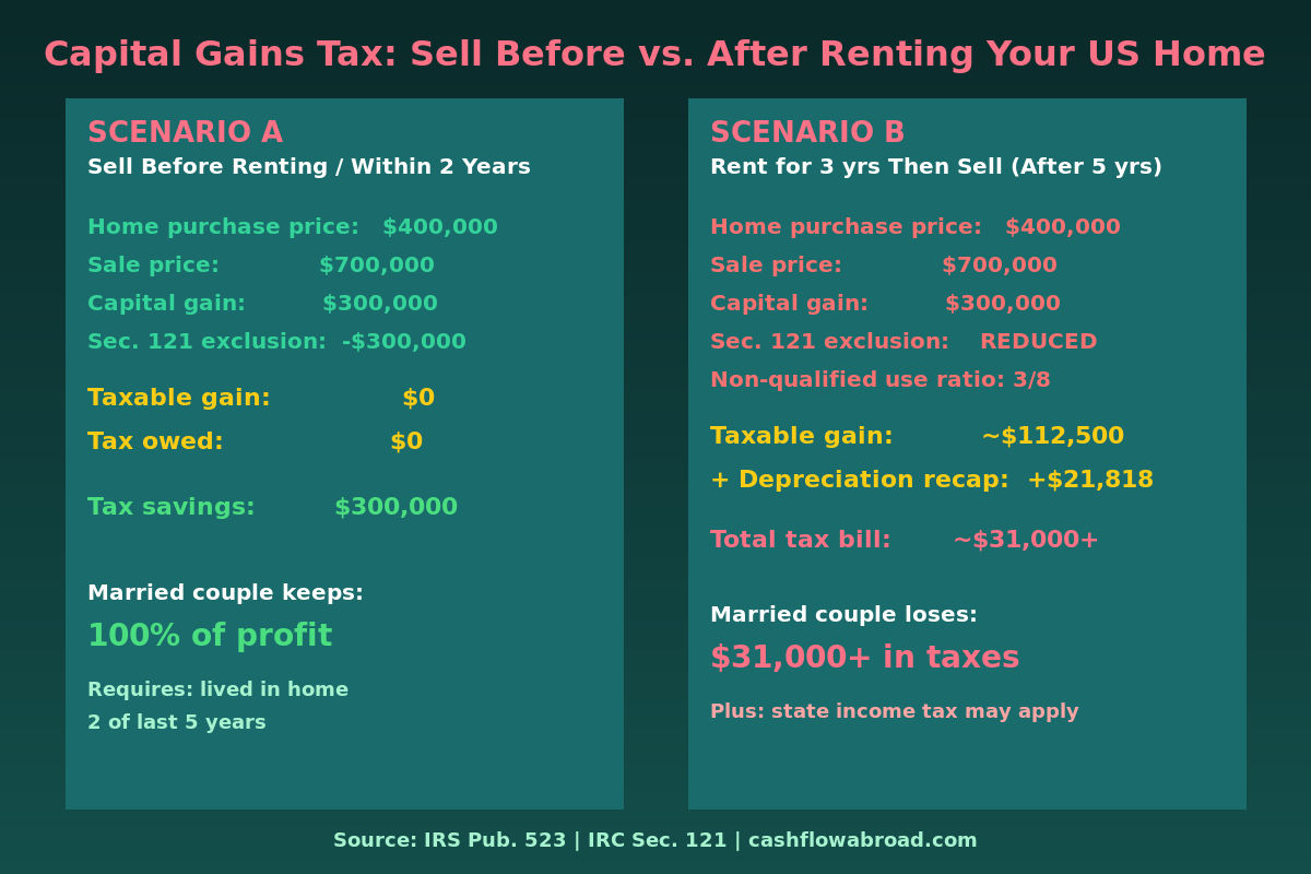 Infographic comparing capital gains tax scenarios for expats selling US home before vs. after renting