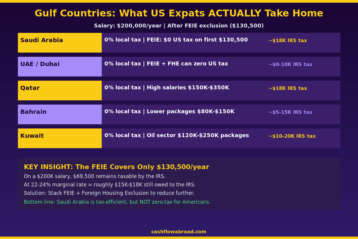 Gulf countries salary comparison chart for US expats — Saudi Arabia, UAE, Qatar, Bahrain, Kuwait tax and FEIE breakdown