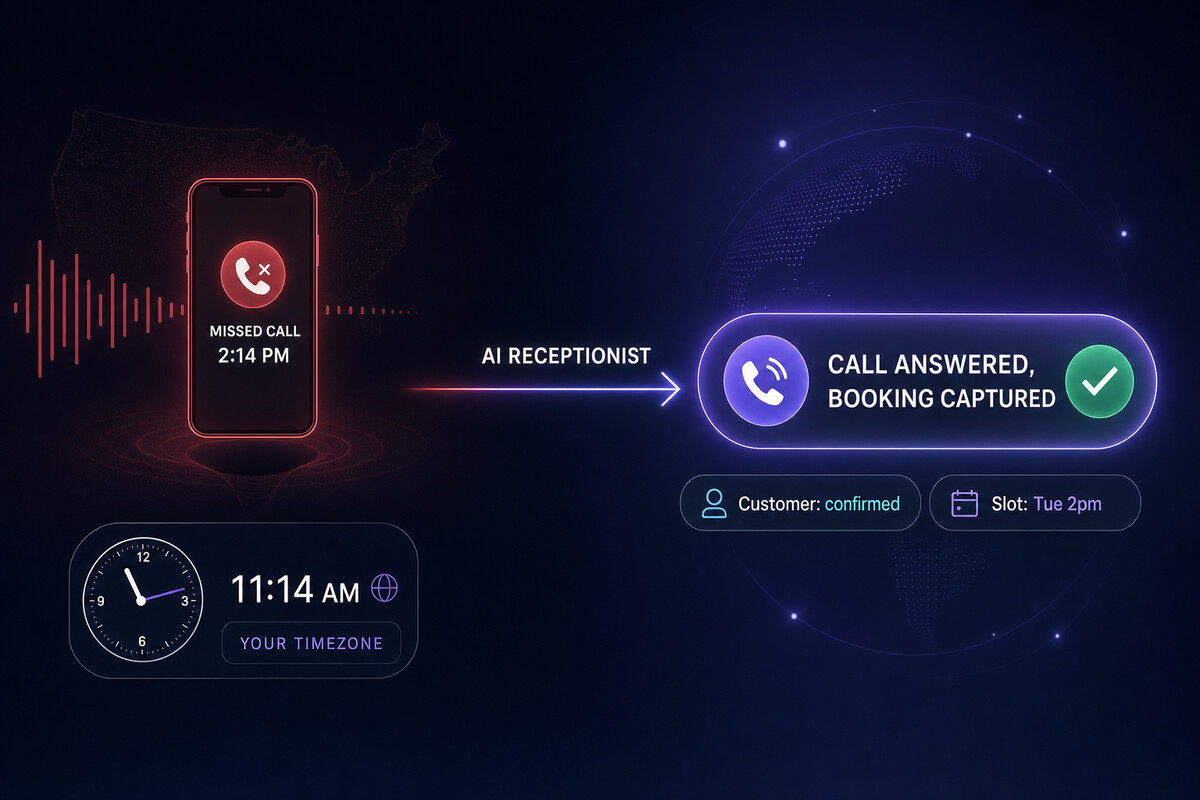 Split-screen infographic showing a missed US business call at 2:14 PM Eastern vs an AI receptionist capturing the booking automatically